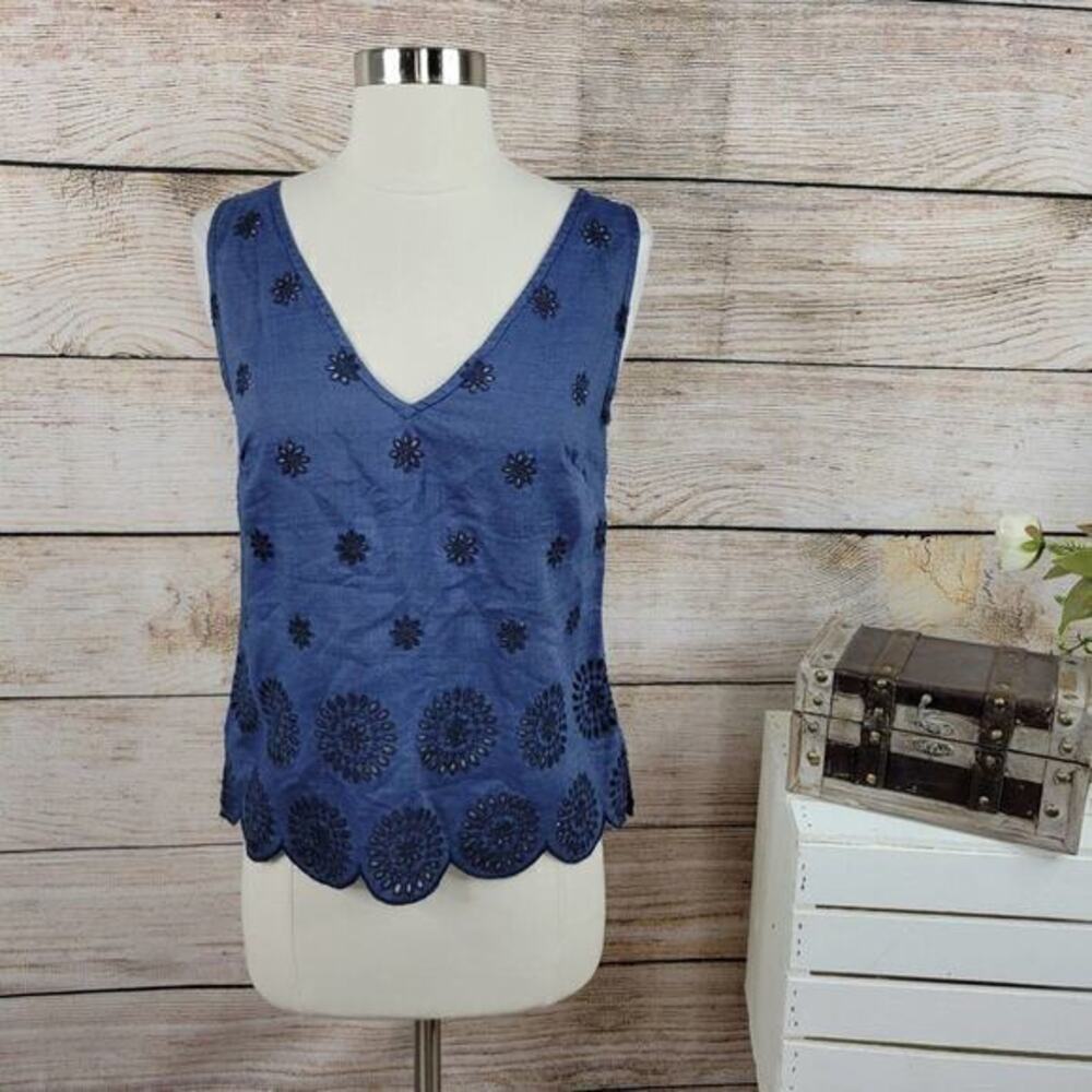 NWT Ecru Bardot Tank Navy Blue Embroidered Eyelet Indigo Small